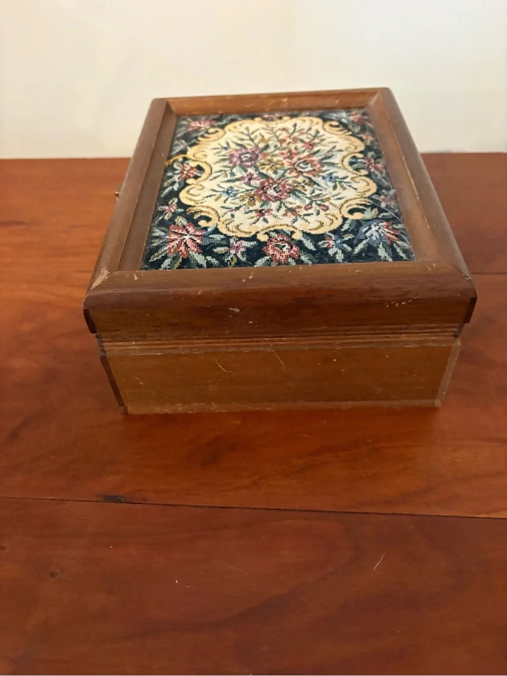 Wooden Jewelry Box Tapestry Lid Red Velvet Mirror Organizer Japan